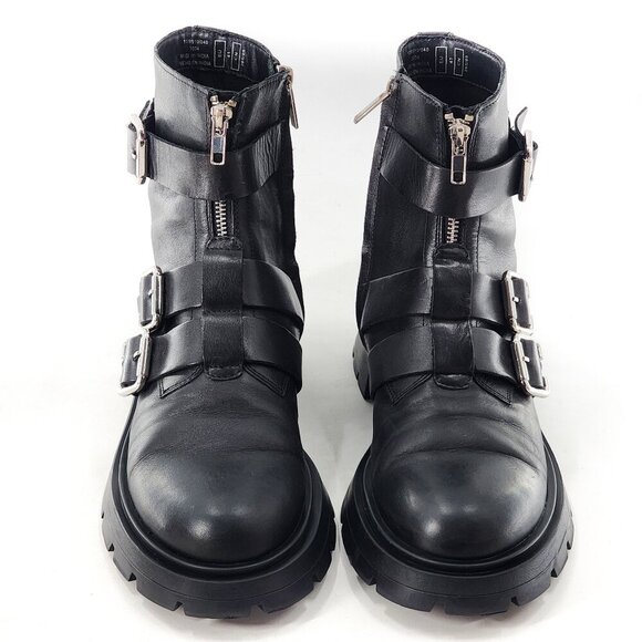 ZARA Leather Combat Moto Biker Ankle Boots ack Zip Buckles Black - Picture 5 of 10